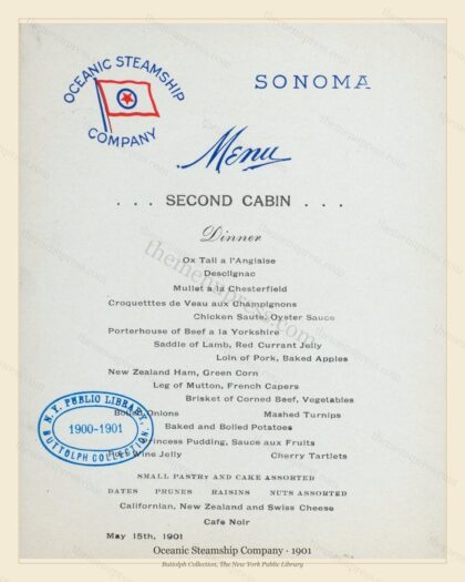 Vintage menu preview — 1901 Vintage Menu Menu — Oceanic Steamship Company, Transatlantic Ocean Liner Ca