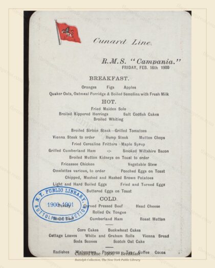 Vintage menu preview — 1900 Vintage Breakfast Menu — Cunard Line, Transatlantic Ocean Liner Card
