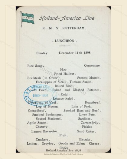 Vintage menu preview — 1898 Vintage Menu Menu — Holland America Line, Transatlantic Ocean Liner Card (C