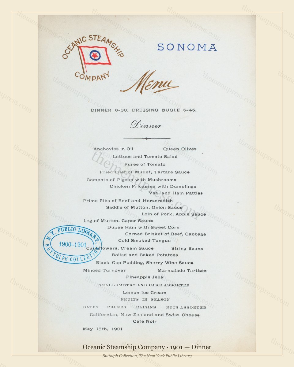 Vintage menu preview — 1901 Vintage Dinner Menu — Oceanic Steamship Company, Transatlantic Ocean Liner