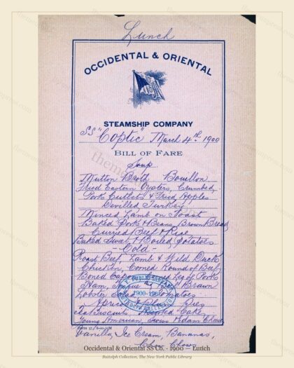 Vintage menu preview — 1900 Vintage Lunch Menu — Occidental & Oriental SS Co., Transatlantic Ocean