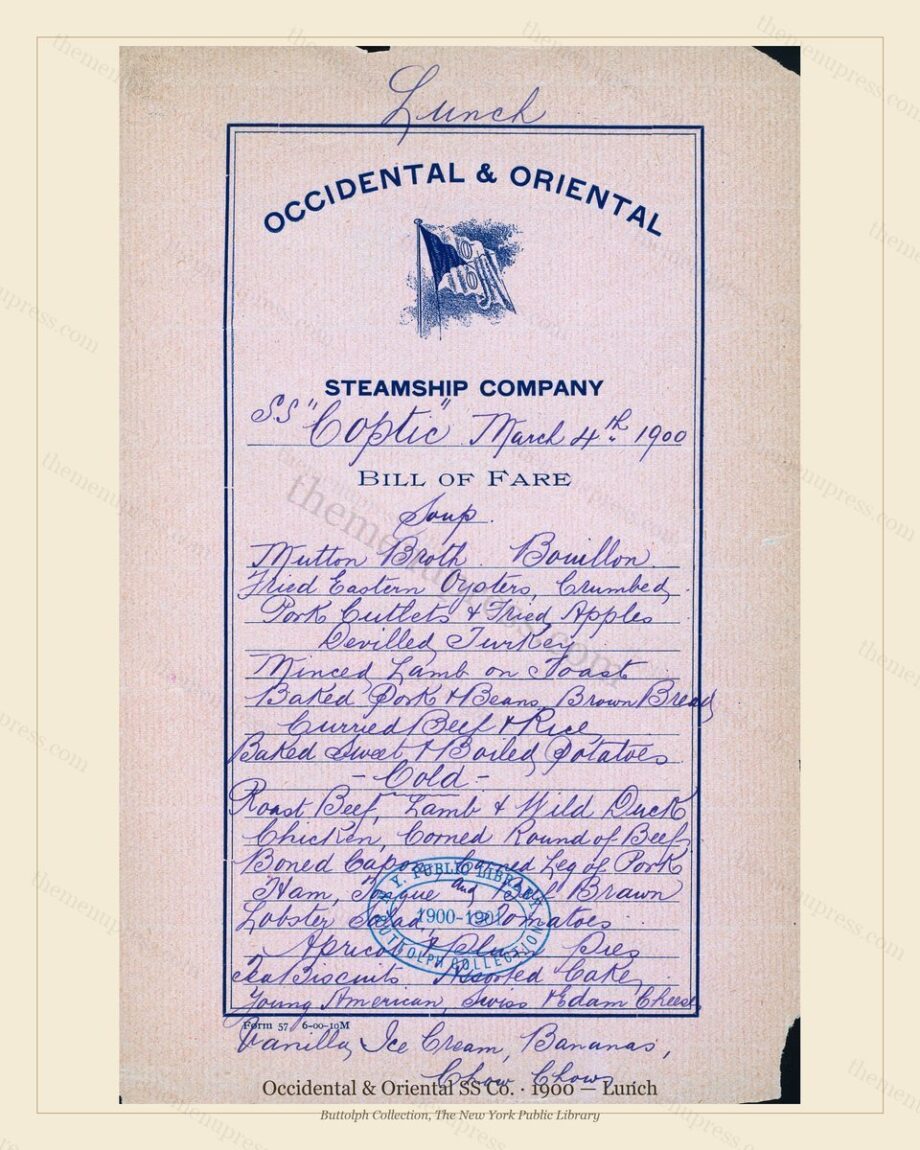 Vintage menu preview — 1900 Vintage Lunch Menu — Occidental & Oriental SS Co., Transatlantic Ocean