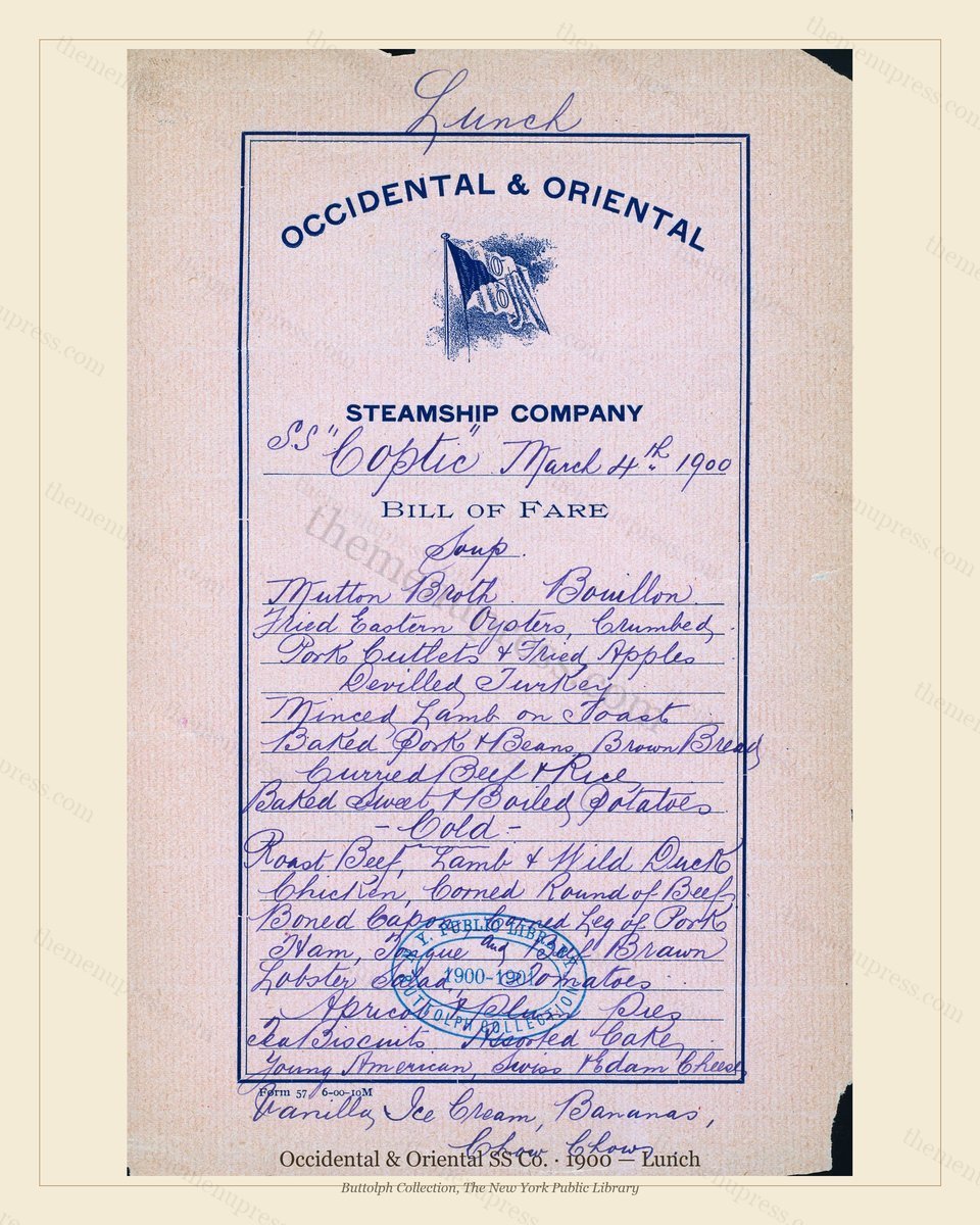 Vintage menu preview — 1900 Vintage Lunch Menu — Occidental & Oriental SS Co., Transatlantic Ocean