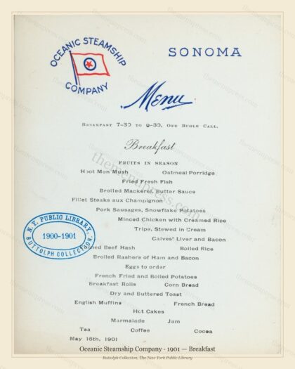 Vintage menu preview — 1901 Vintage Breakfast Menu — Oceanic Steamship Company, Transatlantic Ocean Lin