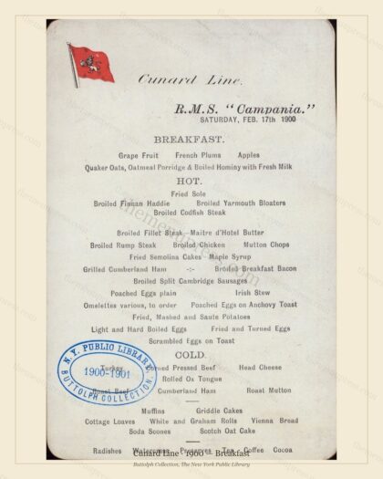 Vintage menu preview — 1900 Vintage Breakfast Menu — Cunard Line, Transatlantic Ocean Liner Card (Compl