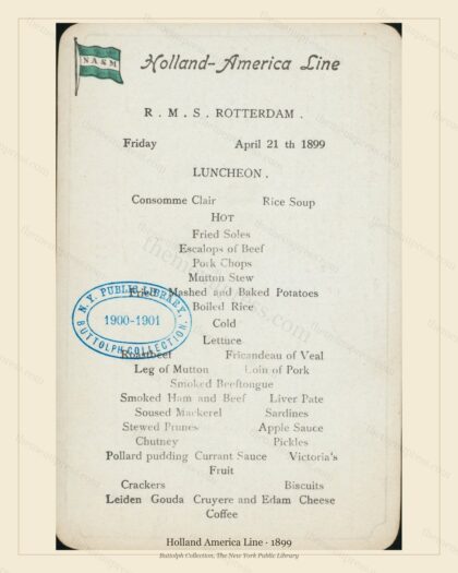 Vintage menu preview — 1899 Vintage Menu Menu — Holland America Line, Transatlantic Ocean Liner Card