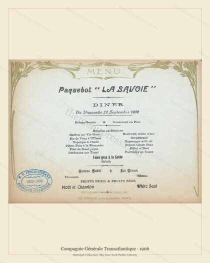 Vintage menu preview — 1906 Vintage Menu Menu — Compagnie Générale Transatlantique, Transatlantic Ocean