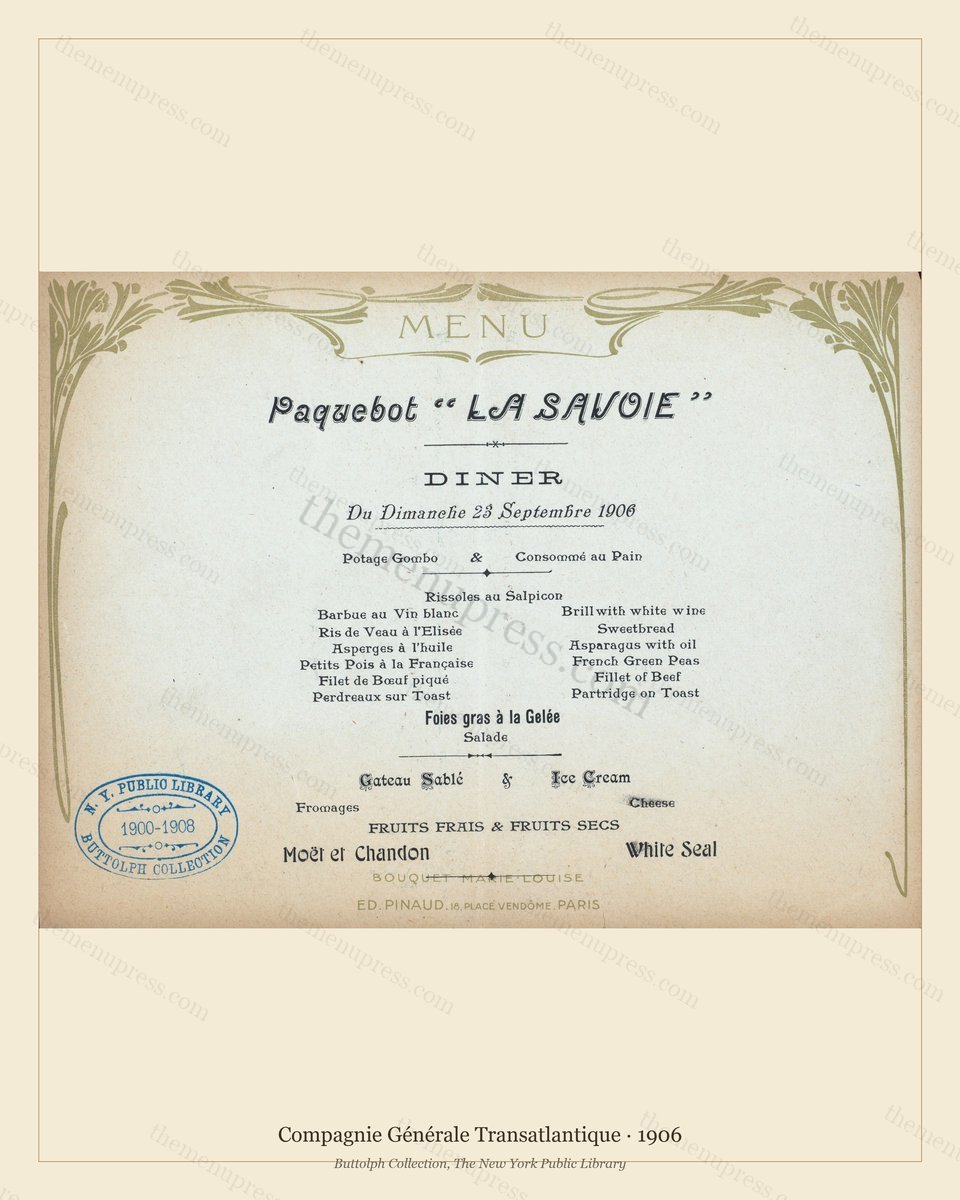 Vintage menu preview — 1906 Vintage Menu Menu — Compagnie Générale Transatlantique, Transatlantic Ocean