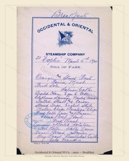 Vintage menu preview — 1900 Vintage Breakfast Menu — Occidental & Oriental SS Co., Transatlantic Oc