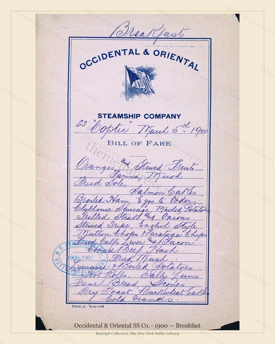 Vintage menu preview — 1900 Vintage Breakfast Menu — Occidental & Oriental SS Co., Transatlantic Oc