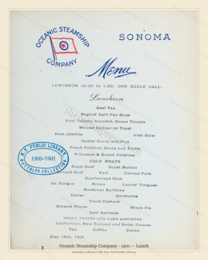 Vintage menu preview — 1901 Vintage Lunch Menu — Oceanic Steamship Company, Transatlantic Ocean Liner C