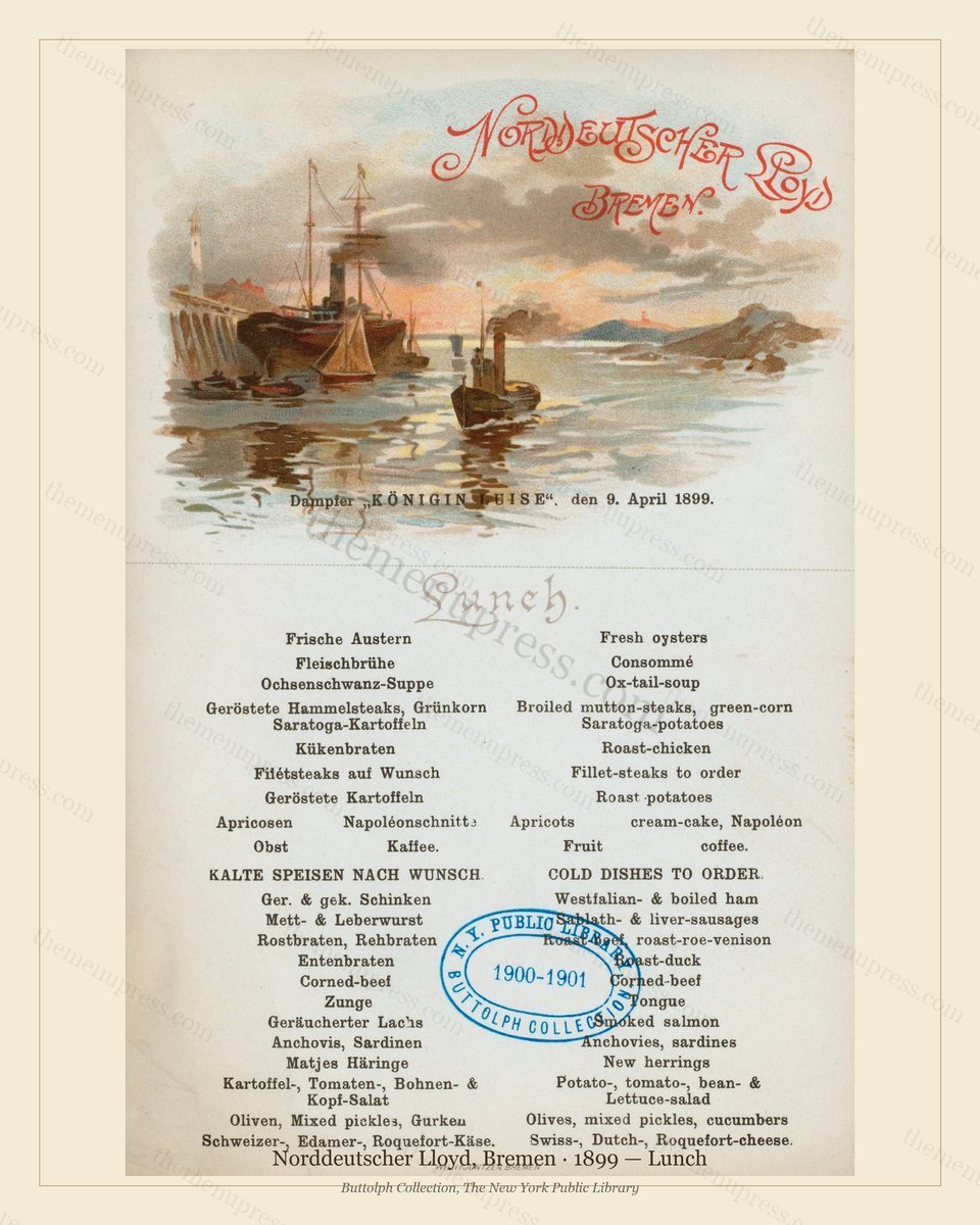 Vintage menu preview — 1899 Vintage Lunch Menu — Norddeutscher Lloyd, Bremen, Transatlantic Ocean Liner