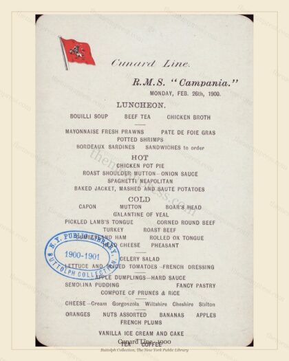 Vintage menu preview — 1900 Vintage Menu Menu — Cunard Line, Transatlantic Ocean Liner Card (Complete 2