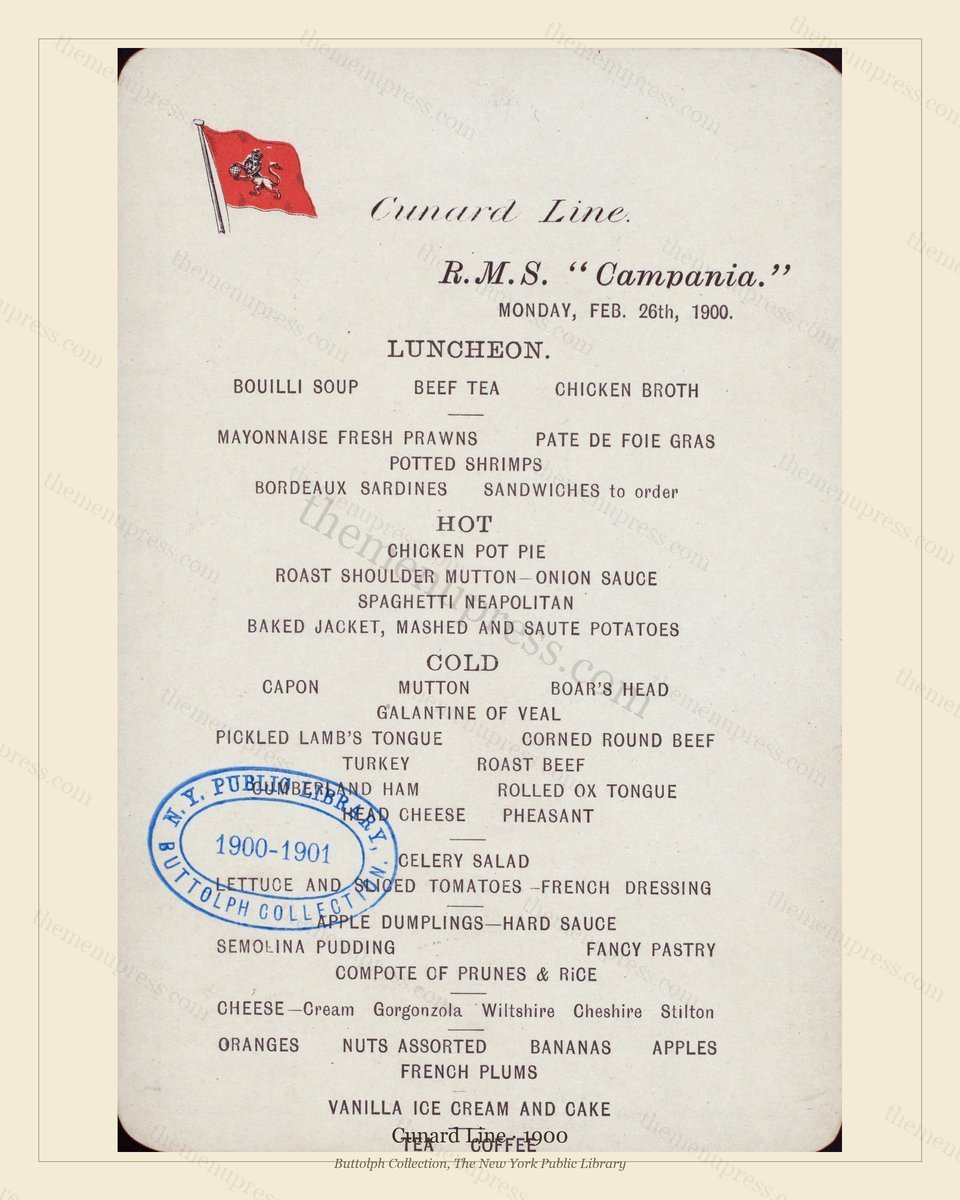 Vintage menu preview — 1900 Vintage Menu Menu — Cunard Line, Transatlantic Ocean Liner Card (Complete 2
