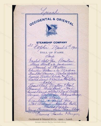 Vintage menu preview — 1900 Vintage Lunch Menu — Occidental & Oriental SS Co., Transatlantic Ocean