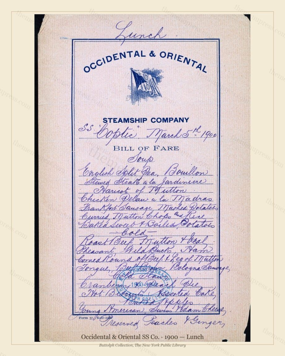 Vintage menu preview — 1900 Vintage Lunch Menu — Occidental & Oriental SS Co., Transatlantic Ocean