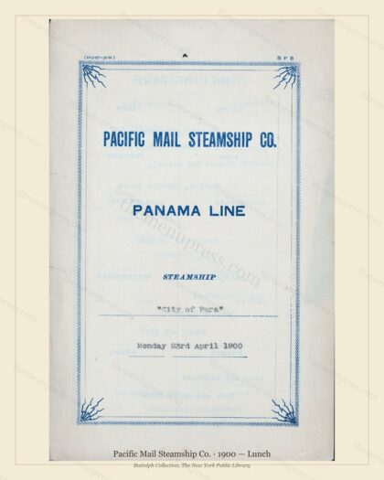 Vintage menu preview — 1900 Vintage Lunch Menu — Pacific Mail Steamship Co., Transatlantic Ocean Liner
