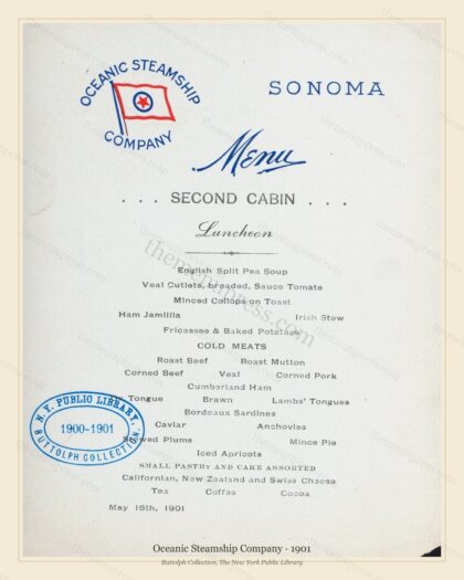 Vintage menu preview — 1901 Vintage Menu Menu — Oceanic Steamship Company, Transatlantic Ocean Liner Ca