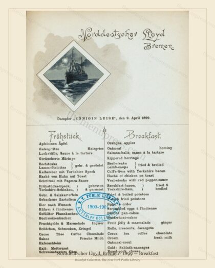 Vintage menu preview — 1899 Vintage Breakfast Menu — Norddeutscher Lloyd, Bremen, Transatlantic Ocean L
