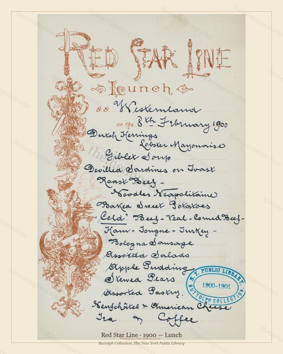Vintage menu preview — 1900 Vintage Lunch Menu — Red Star Line, Transatlantic Ocean Liner Card (Complet