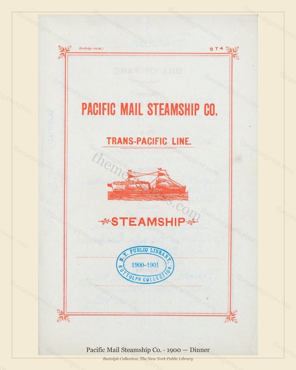 Vintage menu preview — 1900 Vintage Dinner Menu — Pacific Mail Steamship Co., Transatlantic Ocean Liner