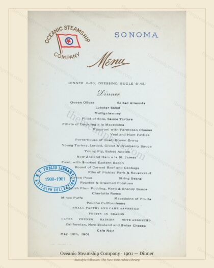 Vintage menu preview — 1901 Vintage Dinner Menu — Oceanic Steamship Company, Transatlantic Ocean Liner