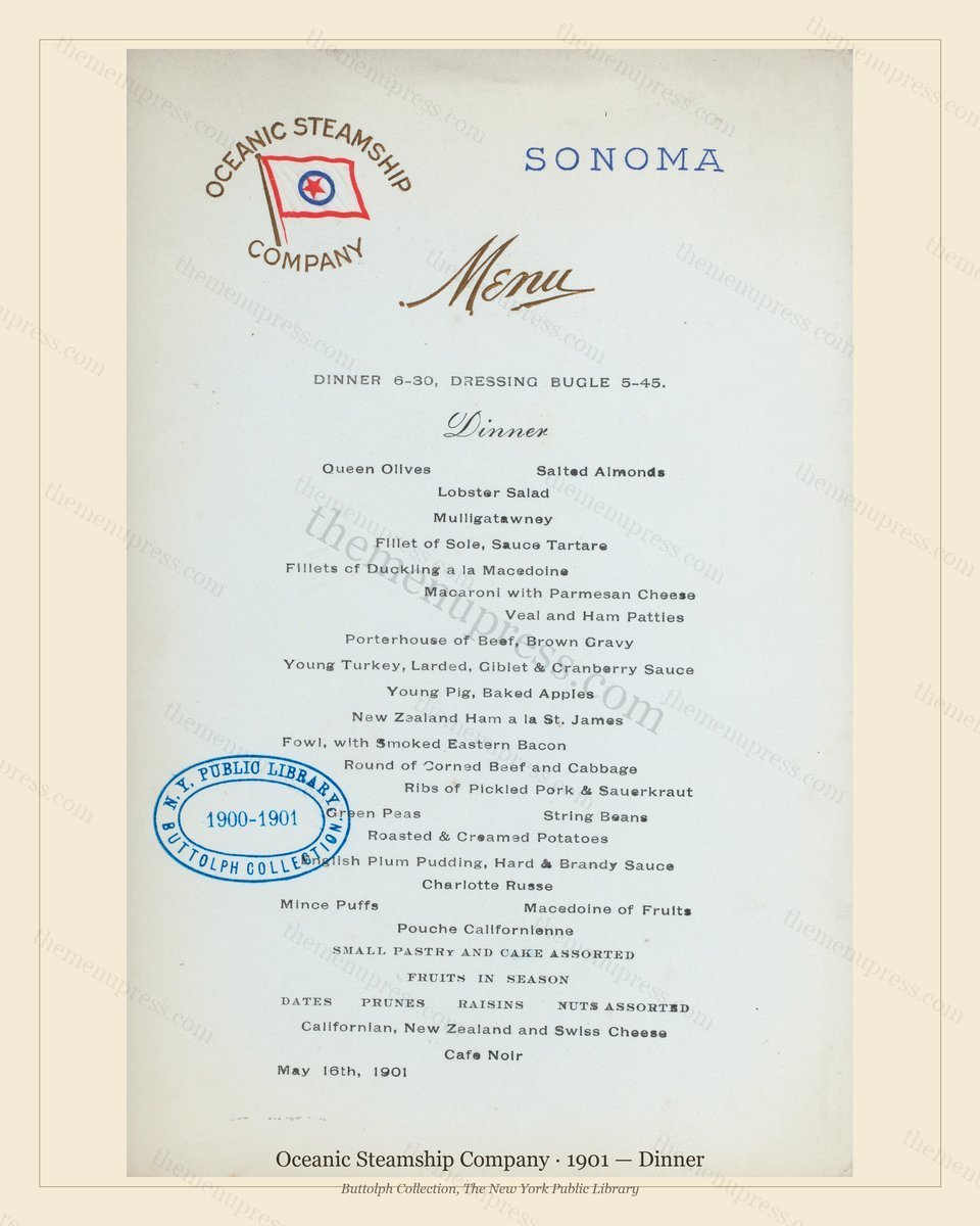 Vintage menu preview — 1901 Vintage Dinner Menu — Oceanic Steamship Company, Transatlantic Ocean Liner