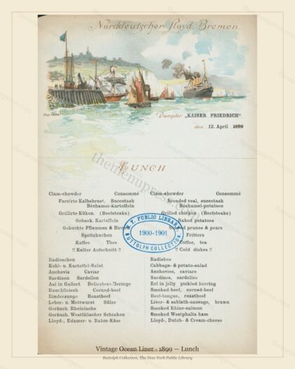 Vintage menu preview — 1899 Vintage Lunch Menu — Vintage Ocean Liner, Transatlantic Ocean Liner Card (C