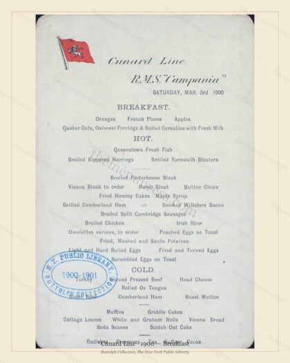 Vintage menu preview — 1900 Vintage Breakfast Menu — Cunard Line, Transatlantic Ocean Liner Card (Compl