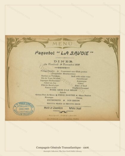 Vintage menu preview — 1906 Vintage Menu Menu — Compagnie Générale Transatlantique, Transatlantic Ocean