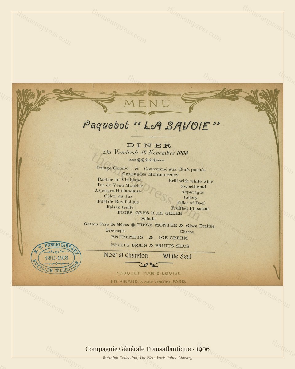 Vintage menu preview — 1906 Vintage Menu Menu — Compagnie Générale Transatlantique, Transatlantic Ocean