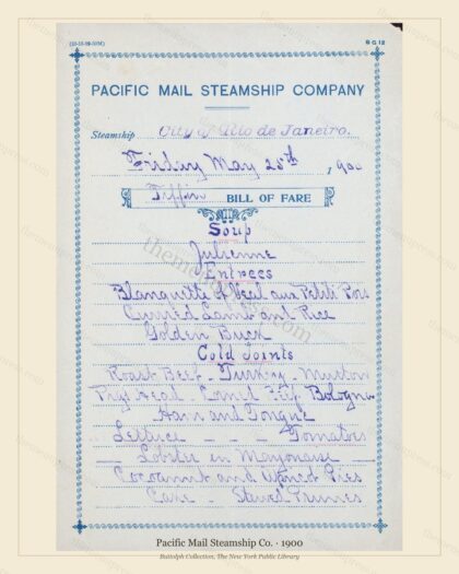 Vintage menu preview — 1900 Vintage Menu Menu — Pacific Mail Steamship Co., Transatlantic Ocean Liner C