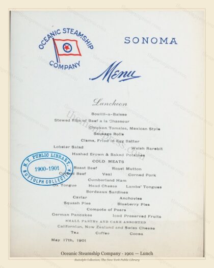 Vintage menu preview — 1901 Vintage Lunch Menu — Oceanic Steamship Company, Transatlantic Ocean Liner C
