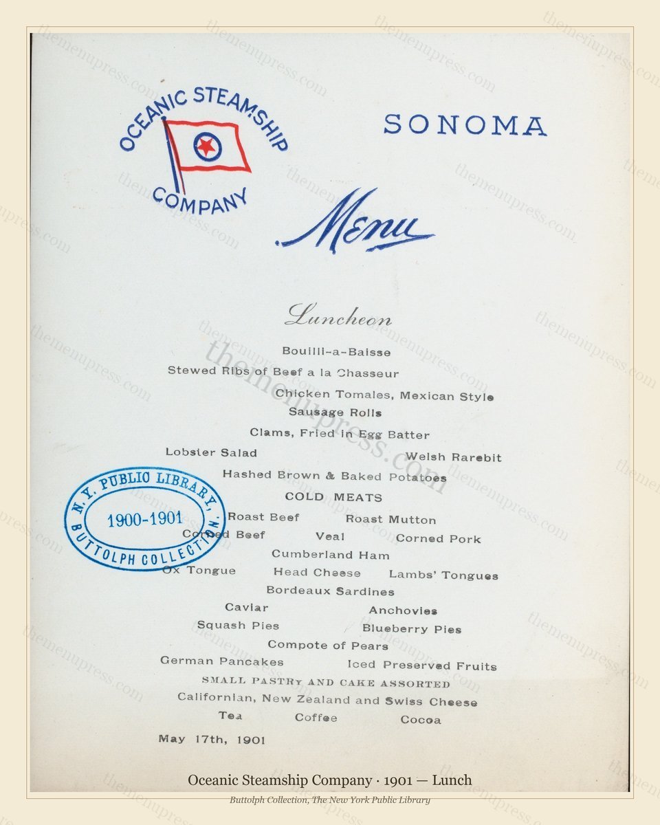 Vintage menu preview — 1901 Vintage Lunch Menu — Oceanic Steamship Company, Transatlantic Ocean Liner C