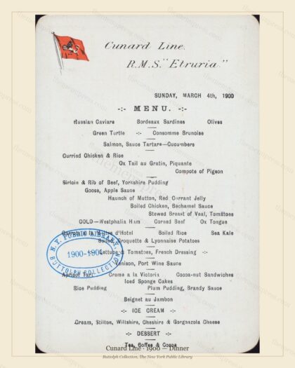 Vintage menu preview — 1900 Vintage Dinner Menu — Cunard Line, Transatlantic Ocean Liner Card