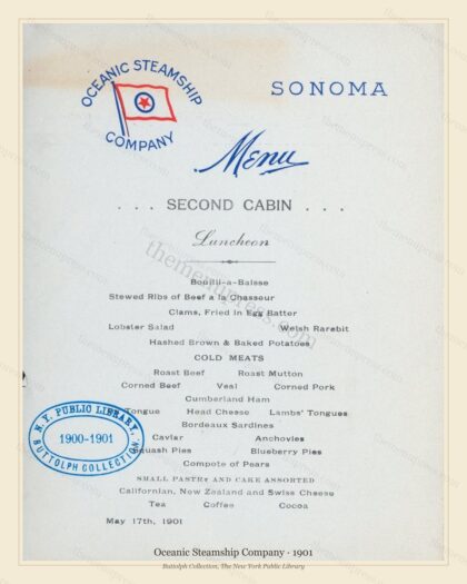 Vintage menu preview — 1901 Vintage Menu Menu — Oceanic Steamship Company, Transatlantic Ocean Liner Ca