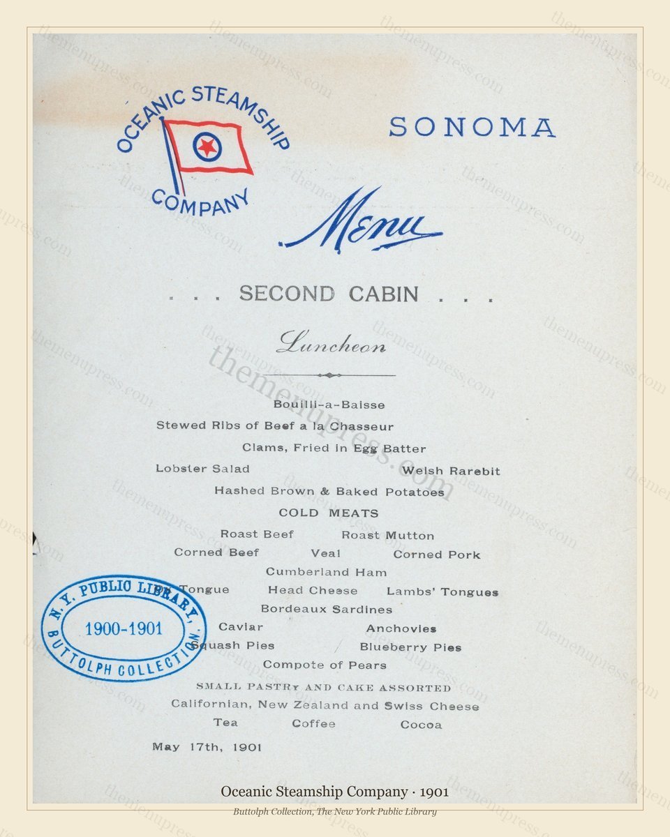 Vintage menu preview — 1901 Vintage Menu Menu — Oceanic Steamship Company, Transatlantic Ocean Liner Ca