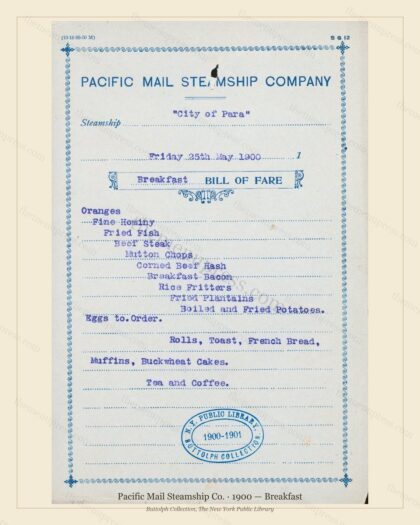 Vintage menu preview — 1900 Vintage Breakfast Menu — Pacific Mail Steamship Co., Transatlantic Ocean Li