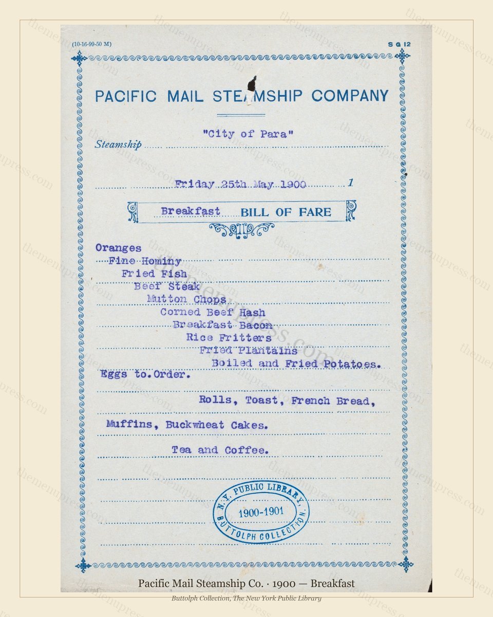 Vintage menu preview — 1900 Vintage Breakfast Menu — Pacific Mail Steamship Co., Transatlantic Ocean Li