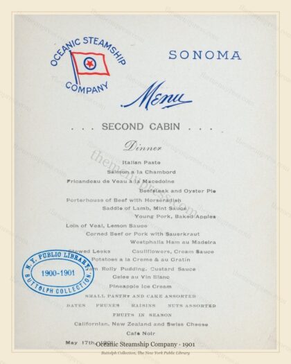 Vintage menu preview — 1901 Vintage Menu Menu — Oceanic Steamship Company, Transatlantic Ocean Liner Ca