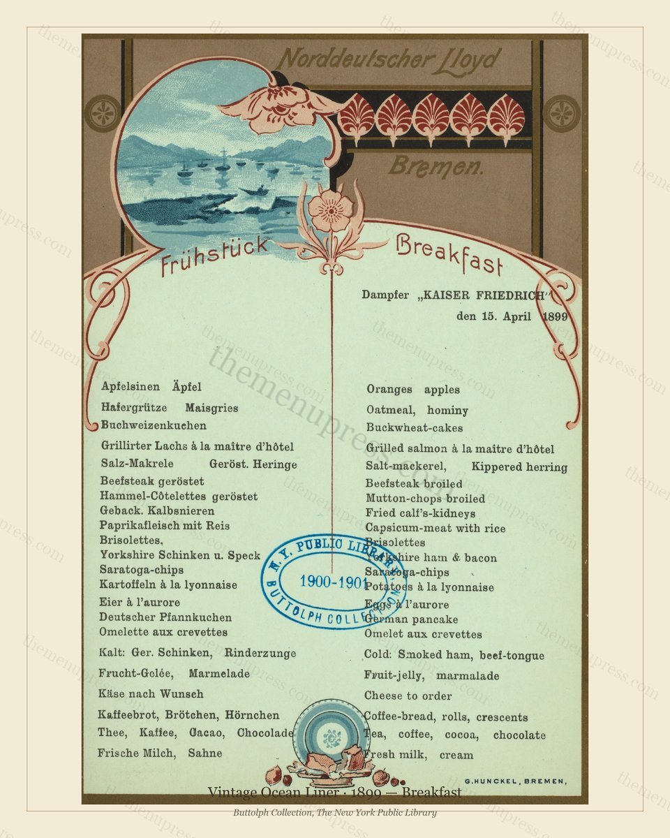 Vintage menu preview — 1899 Vintage Breakfast Menu — Vintage Ocean Liner, Transatlantic Ocean Liner Car