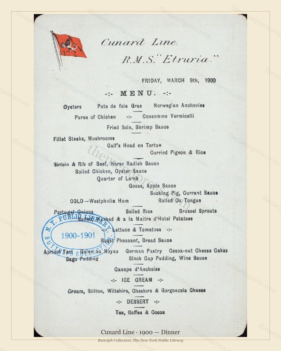Vintage menu preview — 1900 Vintage Dinner Menu — Cunard Line, Transatlantic Ocean Liner Card (Complete