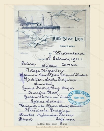 Vintage menu preview — 1900 Vintage Dinner Menu — Red Star Line, Transatlantic Ocean Liner Card (Comple