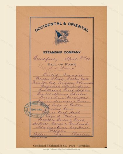 Vintage menu preview — 1900 Vintage Breakfast Menu — Occidental & Oriental SS Co., Transatlantic Oc