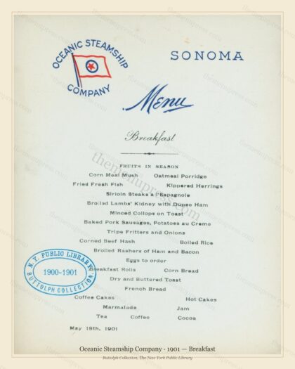Vintage menu preview — 1901 Vintage Breakfast Menu — Oceanic Steamship Company, Transatlantic Ocean Lin