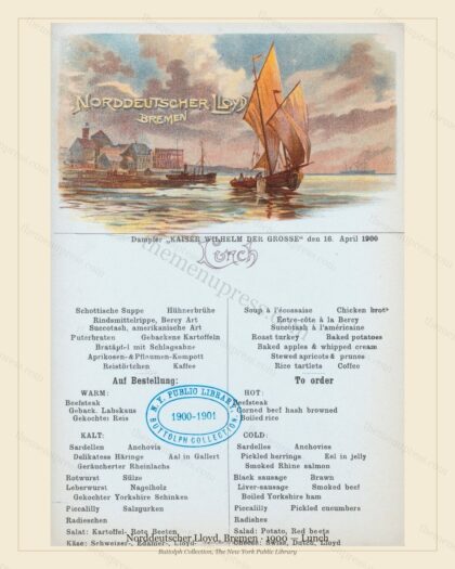 Vintage menu preview — 1900 Vintage Lunch Menu — Norddeutscher Lloyd, Bremen, Transatlantic Ocean Liner