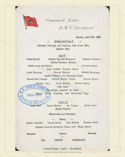Vintage menu preview — 1900 Vintage Breakfast Menu — Cunard Line, Transatlantic Ocean Liner Card (Compl