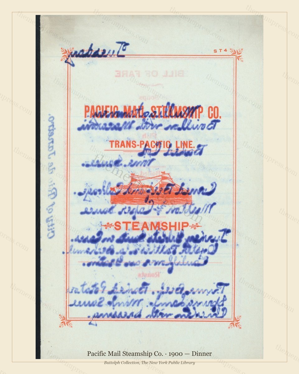 Vintage menu preview — 1900 Vintage Dinner Menu — Pacific Mail Steamship Co., Transatlantic Ocean Liner
