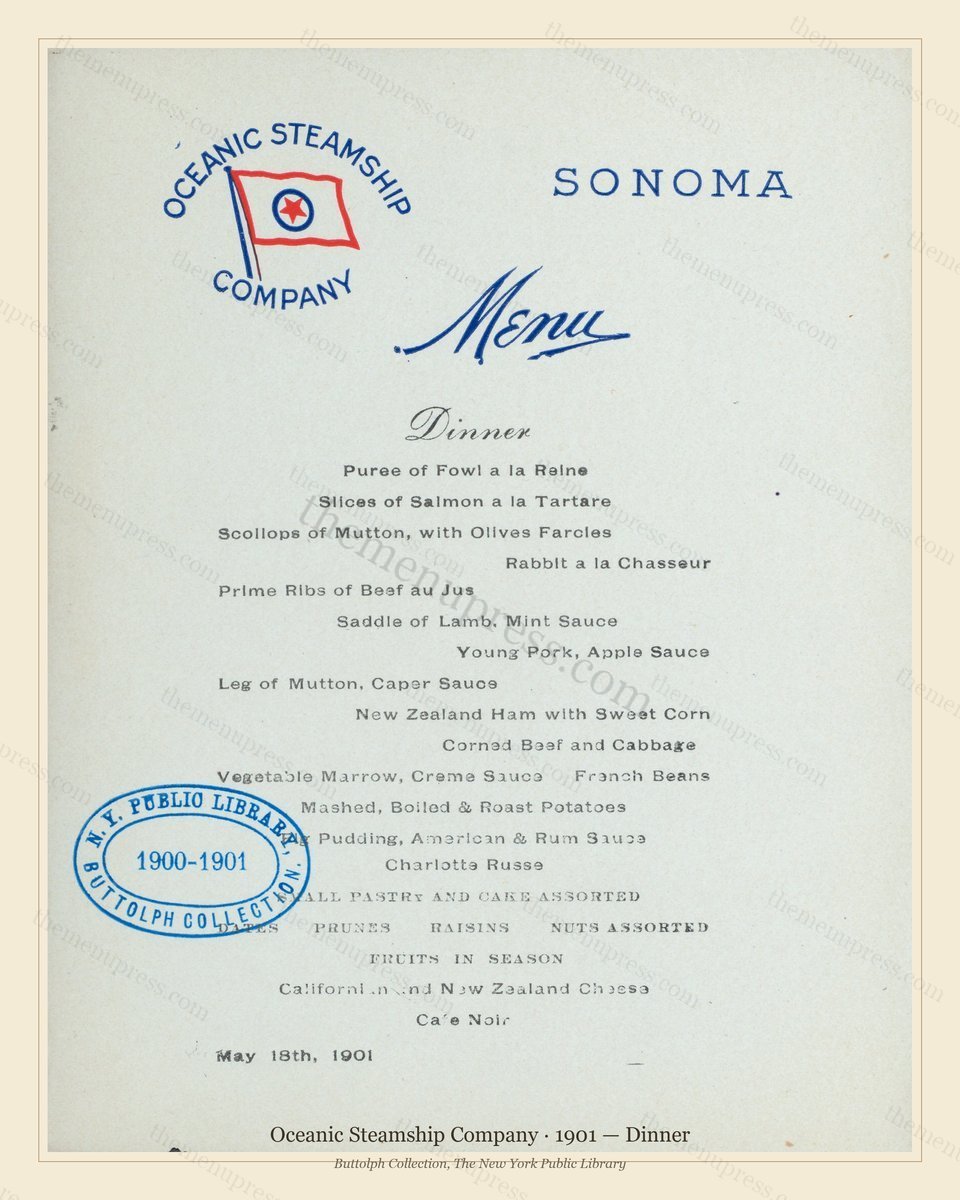 Vintage menu preview — 1901 Vintage Dinner Menu — Oceanic Steamship Company, Transatlantic Ocean Liner