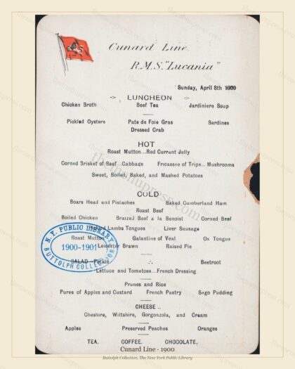 Vintage menu preview — 1900 Vintage Menu Menu — Cunard Line, Transatlantic Ocean Liner Card (Complete 2